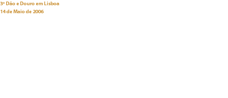 3º Dão e Douro em Lisboa
14 de Maio de 2006 Pestana Palace Lisboa Convidado pelo segundo ano consecutivo pela organização deste evento, o Cacau Clube apresentou durante a Prova de Excelência uma curiosa exposição sobre “OS AROMAS DO CHOCOLATE”. Patrocínio:
Organização do Dão e Douro em Lisboa Links:
Valrhona - 